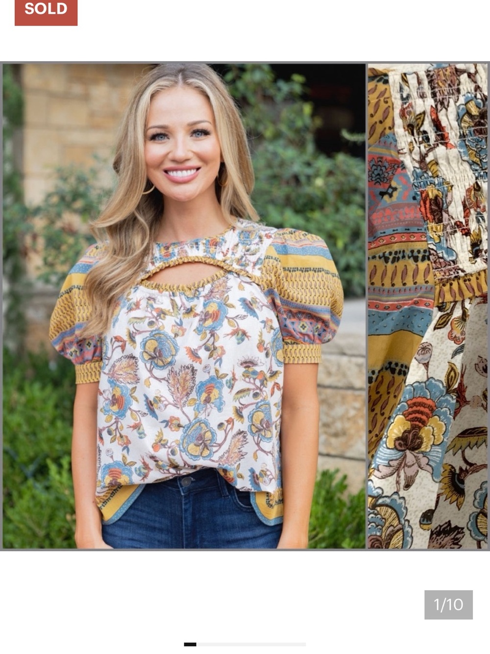 Women's Current Air Anthropologie Floral Boho Puff Sleeve Top Size M